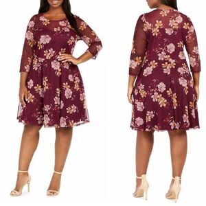 LOVE SQUARED Womens Maroon 3/4 Sleeve Knee Length Fit + Flare Dress Plus…